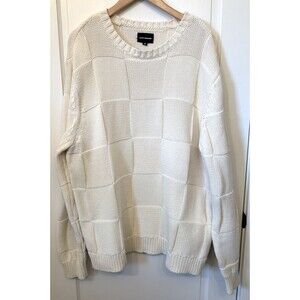 Lucky Brand Men Check Stitch Crew Neck Cream Sweater XXL 100% Cotton Preppy